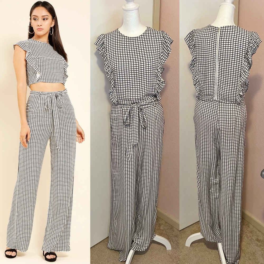 Checkered Ruffle Top & Palazzo Pants Set